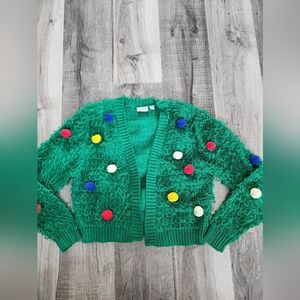 Green Christmas Ugly Kids  Cardigan with Colorful Pom Poms